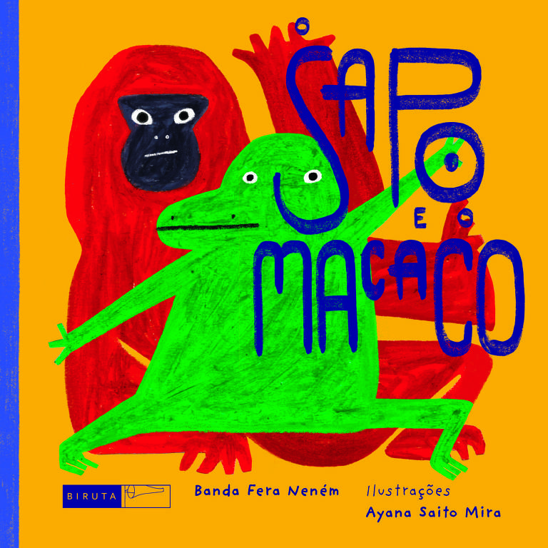 Capa do livro 039;O Sapo e O Macaco039;， com fundo laranja com um sapo verde e um macaco vermelho. O sapo está à frente， com uma expressão amigável， enquanto o macaco， que está atrás， tem uma expressão séria. O título do livro está escrito em letras grandes e coloridas.