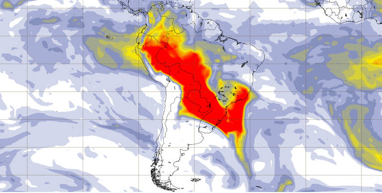 Mapa mostra a distribuição da nuvem de fumaça na América do Sul, com áreas em vermelho indicando alta intensidade, enquanto as áreas em amarelo e azul representam intensidades médias e baixas, respectivamente