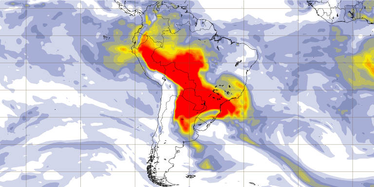 Mapa mostra a distribuição da nuvem de fumaça na América do Sul, com áreas em vermelho indicando alta intensidade, enquanto as áreas em amarelo e azul representam intensidades médias e baixas, respectivamente