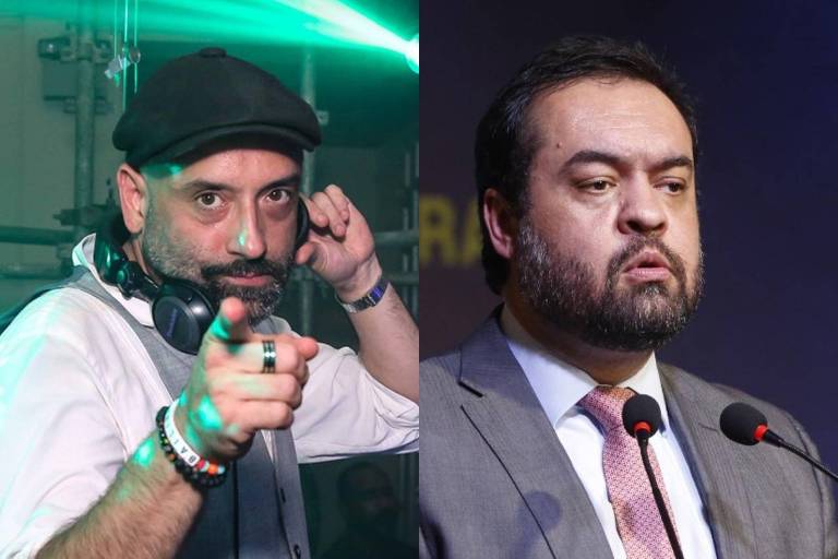 Ator Rodrigo Penna (à esquerda) e governador do Rio, Claudio Castro, discutem no Rock in Rio