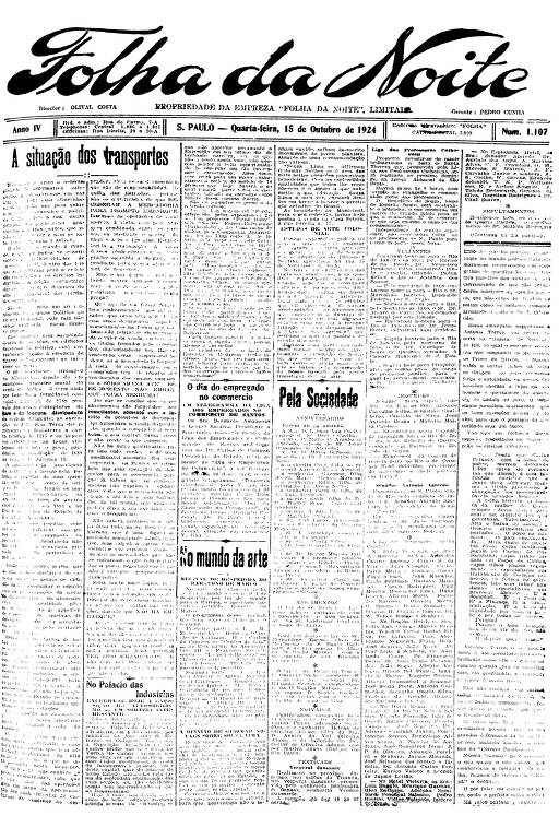 Primeira Página da Folha da Noite de 15 de outubro de 1924