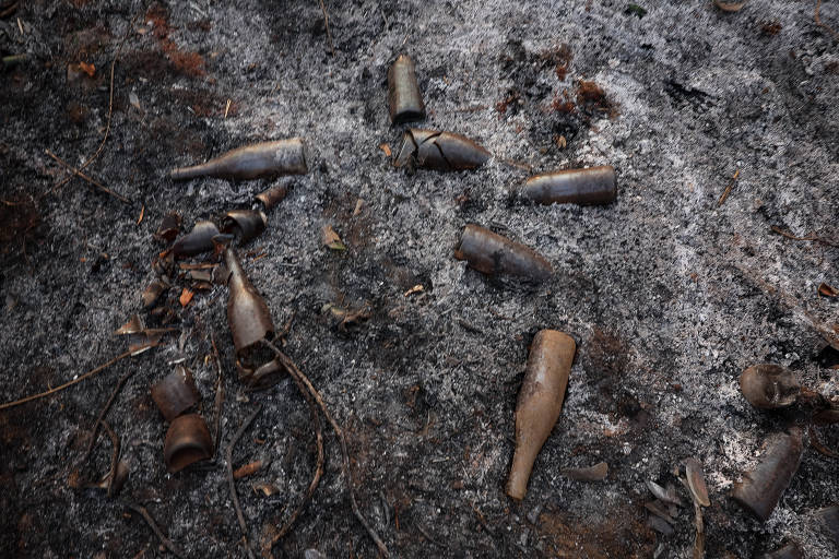 Garrafas encontrada em área de mata devastada por incêndio em Sertãozinho