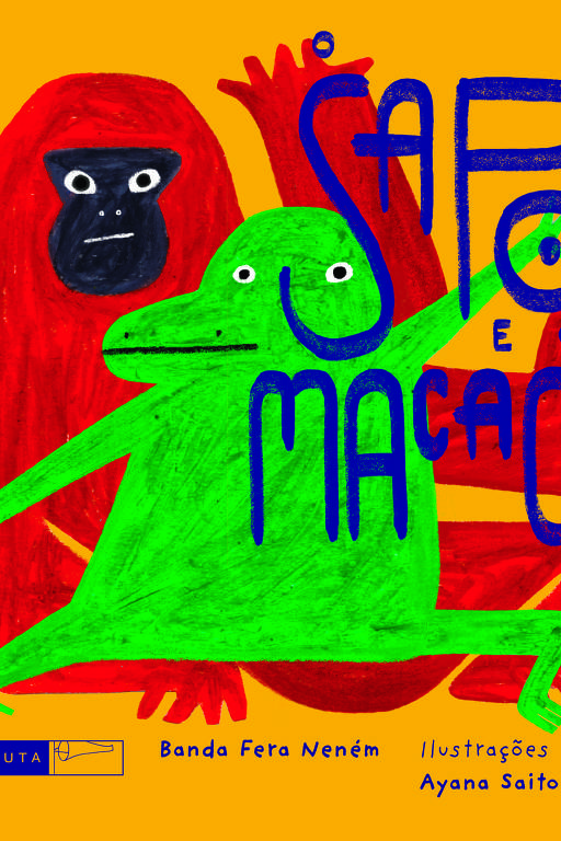 Capa do livro 'O Sapo e O Macaco', com fundo laranja com um sapo verde e um macaco vermelho. O sapo está à frente, com uma expressão amigável, enquanto o macaco, que está atrás, tem uma expressão séria. O título do livro está escrito em letras grandes e coloridas.