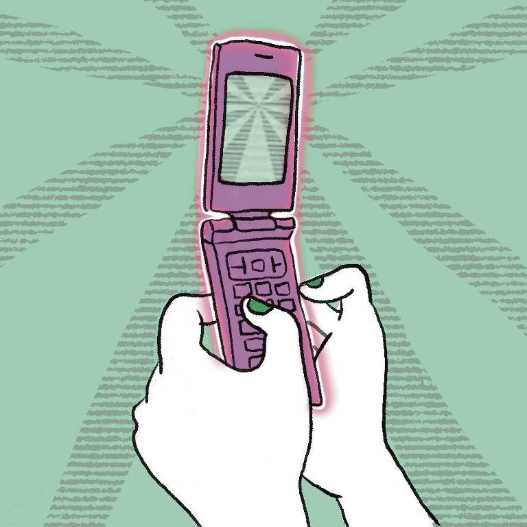 A imagem mostra um celular flip rosa sendo segurado por duas mãos. O celular está aberto, com a tela voltada para cima, e há um brilho emanando dele. O fundo é de cor verde com linhas diagonais que criam um efeito de radiação.