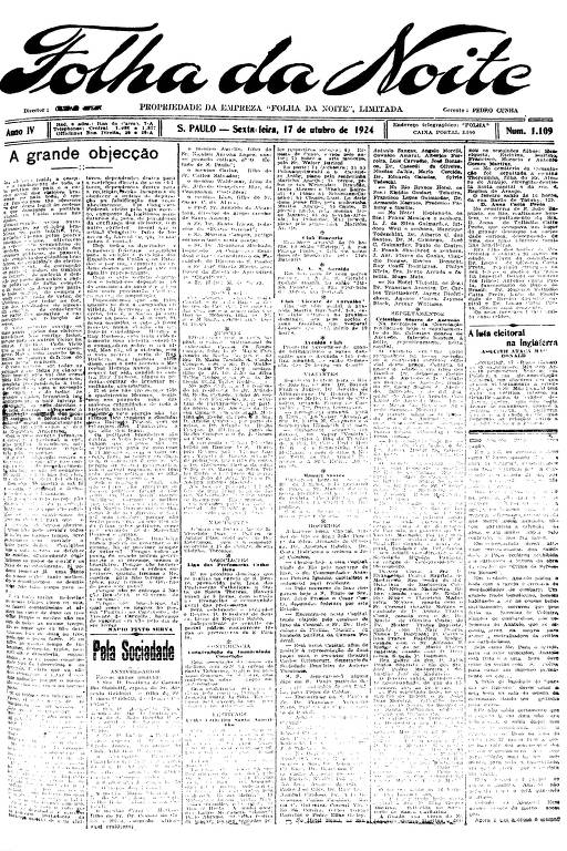 Primeira Página da Folha da Noite de 17 de outubro de 1924