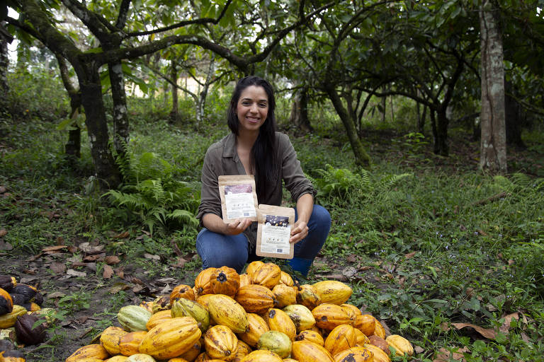 Uma mulher está agachada em um campo， segurando dois pacotes de produtos de cacau. Ao seu redor， há uma pilha de frutos de cacau， predominantemente amarelos， com alguns verdes e roxos. O fundo é composto por árvores e vegetação verde， criando um ambiente natural.
