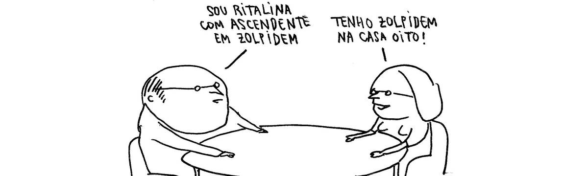 A tira de André Dahmer, publicada em 24.09.2024, tem apenas um quadro. Nele, um casal está à mesa. Eles estão se cionhecendo melhor. O homem diz: "Sou Ritalina com ascendente em Zolpidem". Feliz, a mulher responde: "Tenho Zolpidem na casa oito!"