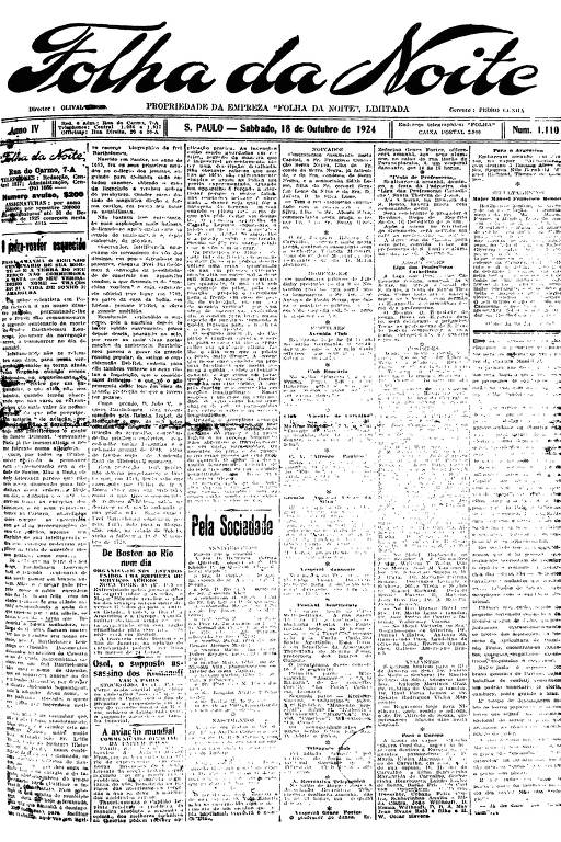 Primeira Página da Folha da Noite de 18 de outubro de 1924