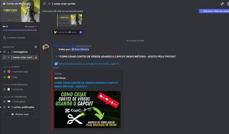 Imagem do canal "Cortes do Marçal" no aplicativo Discord. Lá, usuários conseguem acessar diferentes servidores, como tutoriais de como fazer os cortes, onde pegar os vídeos, a remuneração e as regras das competições