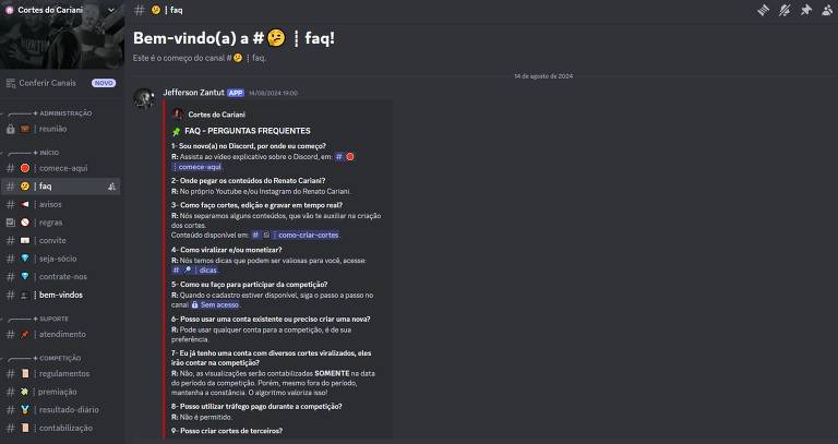 Imagem do canal "Cortes do Cariani" no aplicativo Discord. Canal secundário, gerido pelos mesmos administradores do "Cortes do Marçal", é alternativa para quem quer participar das competições. O prêmio máximo pode atingir R$ 10 mil