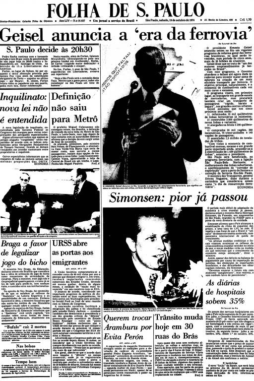 Primeira Página da Folha de 19 de outubro de 1974