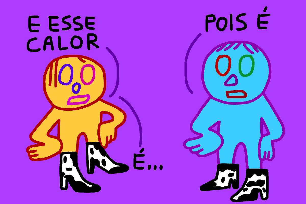 A imagem apresenta dois personagens estilizados em um fundo roxo. O personagem à esquerda, de cor laranja, está usando botas de salto alto pretas com estampa de vaca e diz: 'E esse calor'. O personagem à direita, de cor azul, também usa botas semelhantes e responde: 'Pois é'.