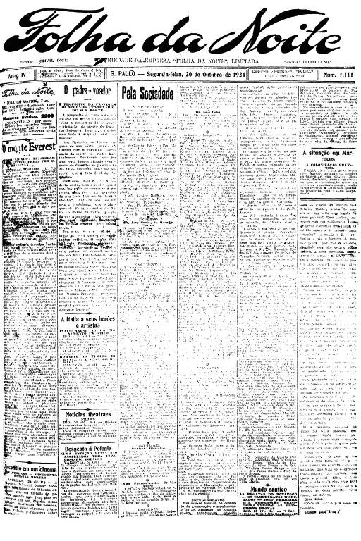 Primeira Página da Folha da Noite de 20 de outubro de 1924