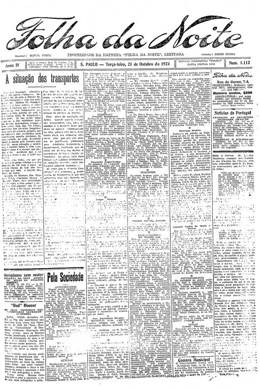 Primeira Página da Folha da Noite de 21 de outubro de 1924