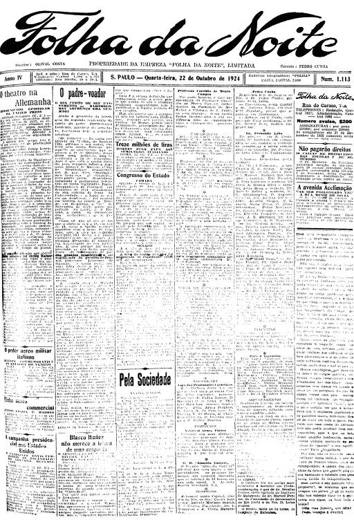 Primeira Página da Folha da Noite de 22 de outubro de 1924