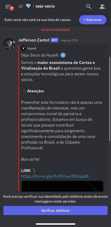 Captura de tela do grupo "Cortes do Marçal" no aplicativo, que oferece chat de voz, texto e vídeo. Nesta terça (24), um dos administradores do canal enviou uma mensagem chamando os participantes à virarem sócios da empresa HypeX, que se apresenta como "a primeira agência de competição do país"