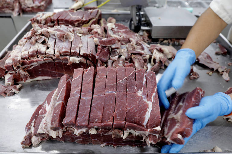 A imagem mostra um trabalhador em um ambiente de processamento de carne， usando luvas azuis. Ele está cortando um grande bloco de carne vermelha， que está em uma superfície de trabalho. O bloco de carne está cortado em fatias retangulares， e há mais carne ao fundo， também em pedaços. O ambiente parece ser uma área de trabalho limpa e organizada.