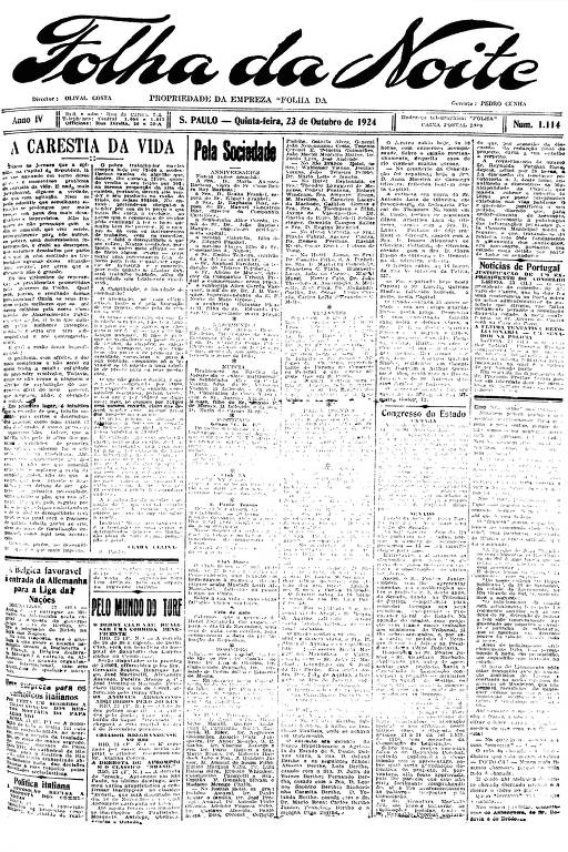 Primeira Página da Folha da Noite de 23 de outubro de 1924