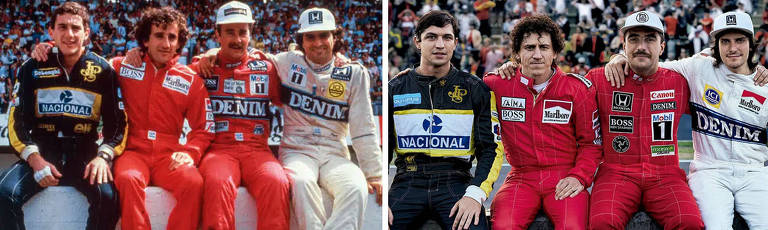 Da esq. para dir.:Ayrton Senna ( Gabriel Leone) , Alain Prost (Matt Mella ) , Nigel Mansell (Andres) e Nelson Piquet (Hugo Bonemer)