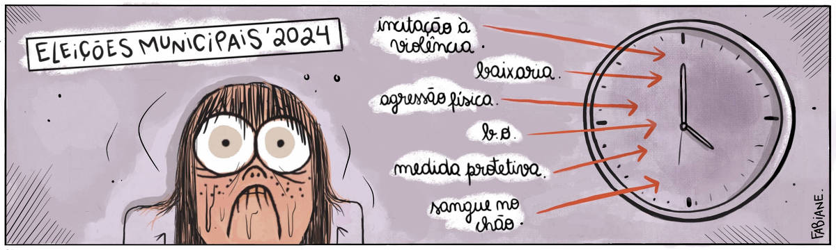 A tira Viver Dói, de Fabiane Langona intitulada "Eleições municipais 2024", publicada em 26/09/2024 é composta por um único quadro horizontal. Nele, vemos uma mulher suada, com os cabelos escorridos caindo pela testa. Ela aparenta estar em pânico e insone, com as pupilas dilatadas e mordendo os lábios. Ao seu lado, há um grande relógio cujos ponteiros marcam 5h. Na direção do relógio, vemos setas que indicam fatos e emoções presentes na disputa eleitoral.  No quadrinho 1, lemos: Seta 1: "Incitação à violência" // Seta 2: "Baixaria" // Seta 3: "Agressão física" // Seta 4: "B.O". // Seta 5: "Medida protetiva". / Seta 6: "Sangue no chão".