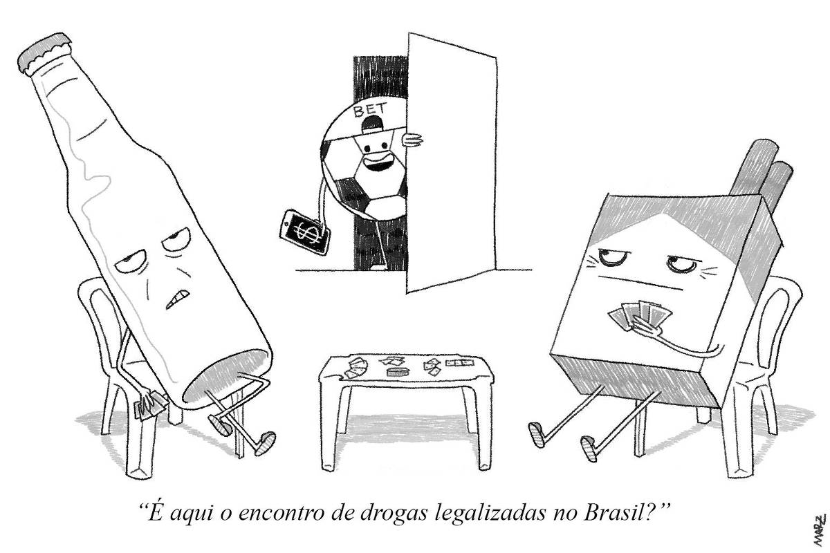 Charge de Marília Marz mostra uma garrafa de cerveja e um maço de cigarro, ambos com expressão de desprezo, jogando cartas. Ao fundo, uma bola de futebol sorridente usando um boné escrito "bet" e segurando um celular aparece abrindo uma porta. A legenda da imagem é: "É aqui o encontro de drogas legalizadas no Brasil?".