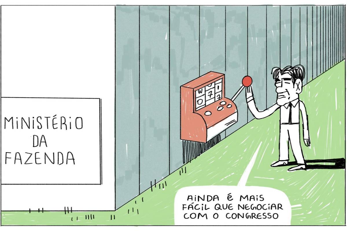 A Imagem mostra a parte lateral do prédio do ministério da fazenda. Uma grande placa com seu nome está disposta em uma das faces do edifício. Na face perpendicular a placa, vemos o ministro Fernando Haddad puxando a alavanca de uma máquina de caixa níquel instalada na parede do edifício. O ministro diz “ainda é mais fácil que negociar com o congresso”