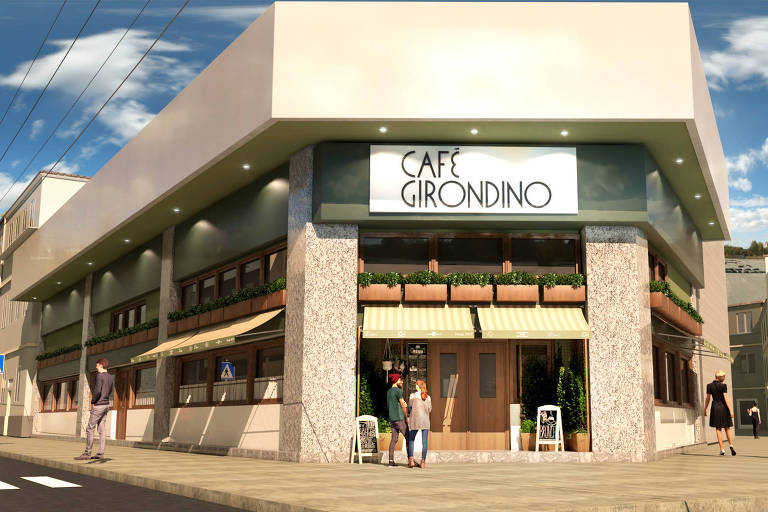 Projeção em 3D de como ficará o Café Girondino na reabertura, em novembro