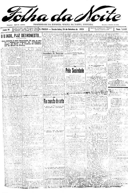 Primeira Página da Folha da Noite de 24 de outubro de 1924