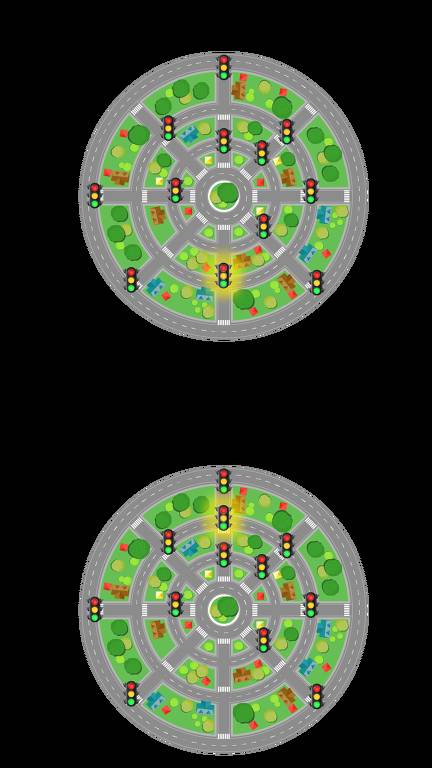 A imagem apresenta duas soluções para uma rotatória. A parte superior é rotulada como 039;Primeira solução039; e mostra uma rotatória com semáforos em várias entradas e saídas， além de áreas verdes e pequenas construções. A parte inferior é rotulada como 039;Segunda solução039; e também apresenta uma rotatória semelhante， mas com uma disposição diferente dos semáforos e um design levemente alterado nas áreas verdes e construções.