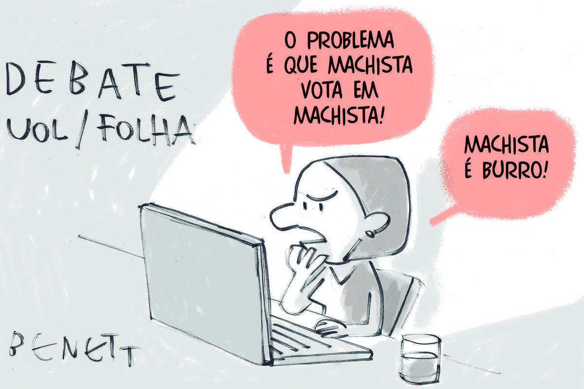 Charge de Benett com o título "Debate UOL/Folha" mostra uma mulher sentada em frente a um laptop. Ela está com uma mão no queixo e tem olhar de indignação. Diz para si mesma, no primeiro balão de texto: "O problema é que machista vota em machista". No segundo balão, afirma: "Machista é burro".