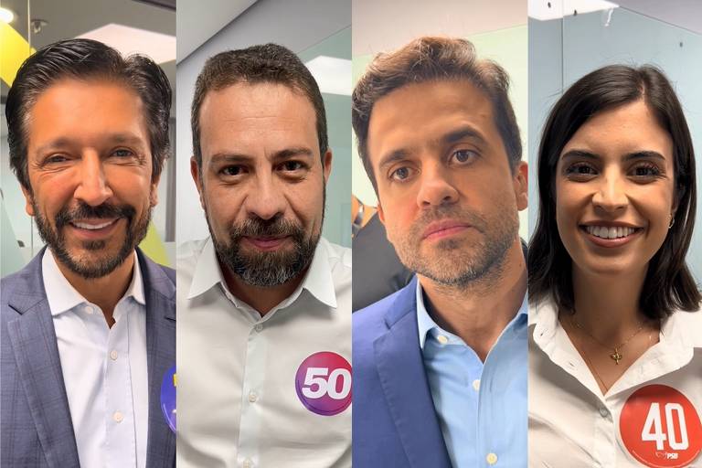 O prefeito Ricardo Nunes (MDB), o deputado federal Guilherme Boulos (PSOL), o influenciador Pablo Marçal (PRTB) e a deputada federal Tabata Amaral (PSB) em entrevista em dia de debate Folha/UOL