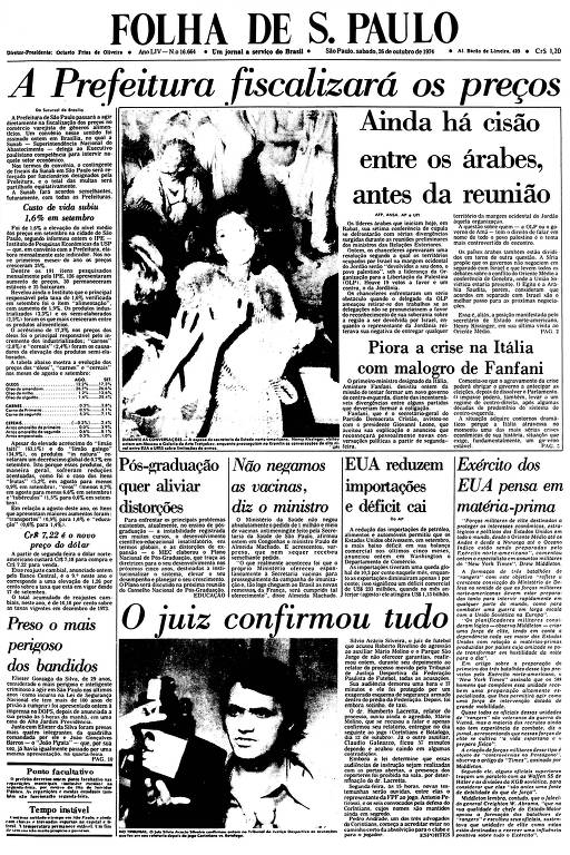 Primeira Página da Folha de 26 de outubro de 1974