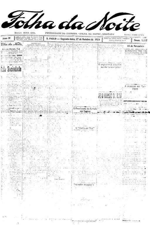 Primeira Página da Folha da Noite de 27 de outubro de 1924