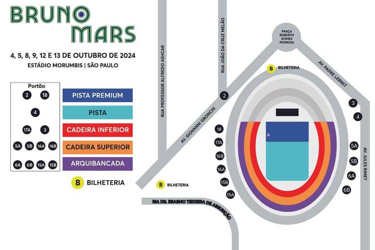 O mapa apresenta a disposição do local do show de Bruno Mars, que ocorrerá nos dias 4, 5, 8, 9, 12 e 13 de outubro de 2024, no estádio Morumbis em São Paulo. O mapa inclui áreas como pista premium, cadeira inferior, cadeira superior, e setores de arquibancada, além de indicar entradas e saídas 