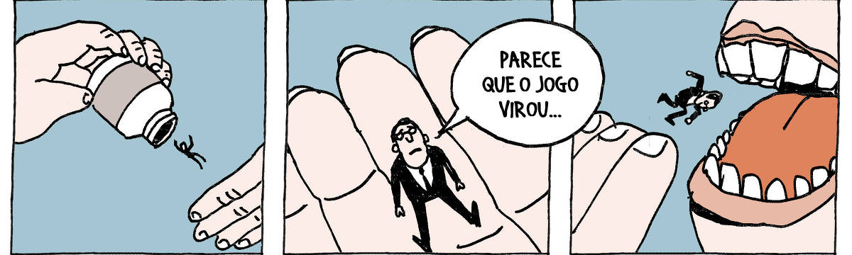 A tira de André Dahmer, publicada em 02.10.2024, tem três quadrinhos. No primeiro, uma mão segura um frasco de comprimidos, jogando uma minúscula pessoa para fora do vasilhame. No segundo quadrinho, um pequeno homem de terno está sentado na palma da mão que segurava o frasco. Com semblante triste, ele diz: "Parece que o jogo virou...". No terceiro e último quadro, a mão arremessa o pequeno homem para dentro de uma boca".