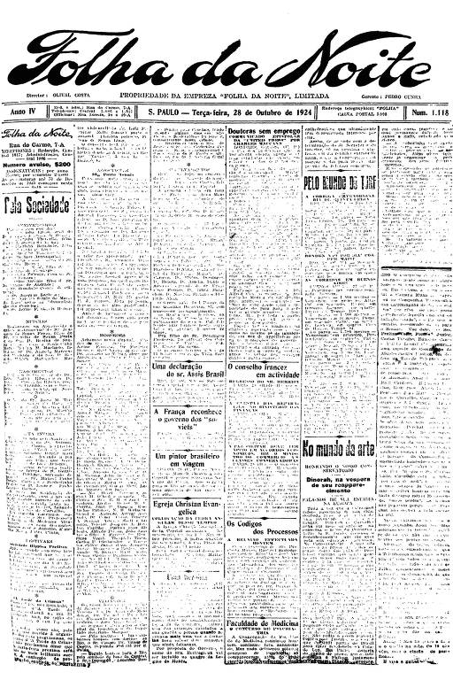 Primeira Página da Folha da Noite de 28 de outubro de 1924