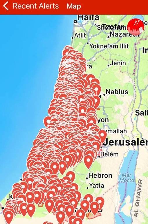 Alertas de ataque cobrem quase todo o território de Israel em aplicativo às 19h41 no horário local (13h41 de Brasília)