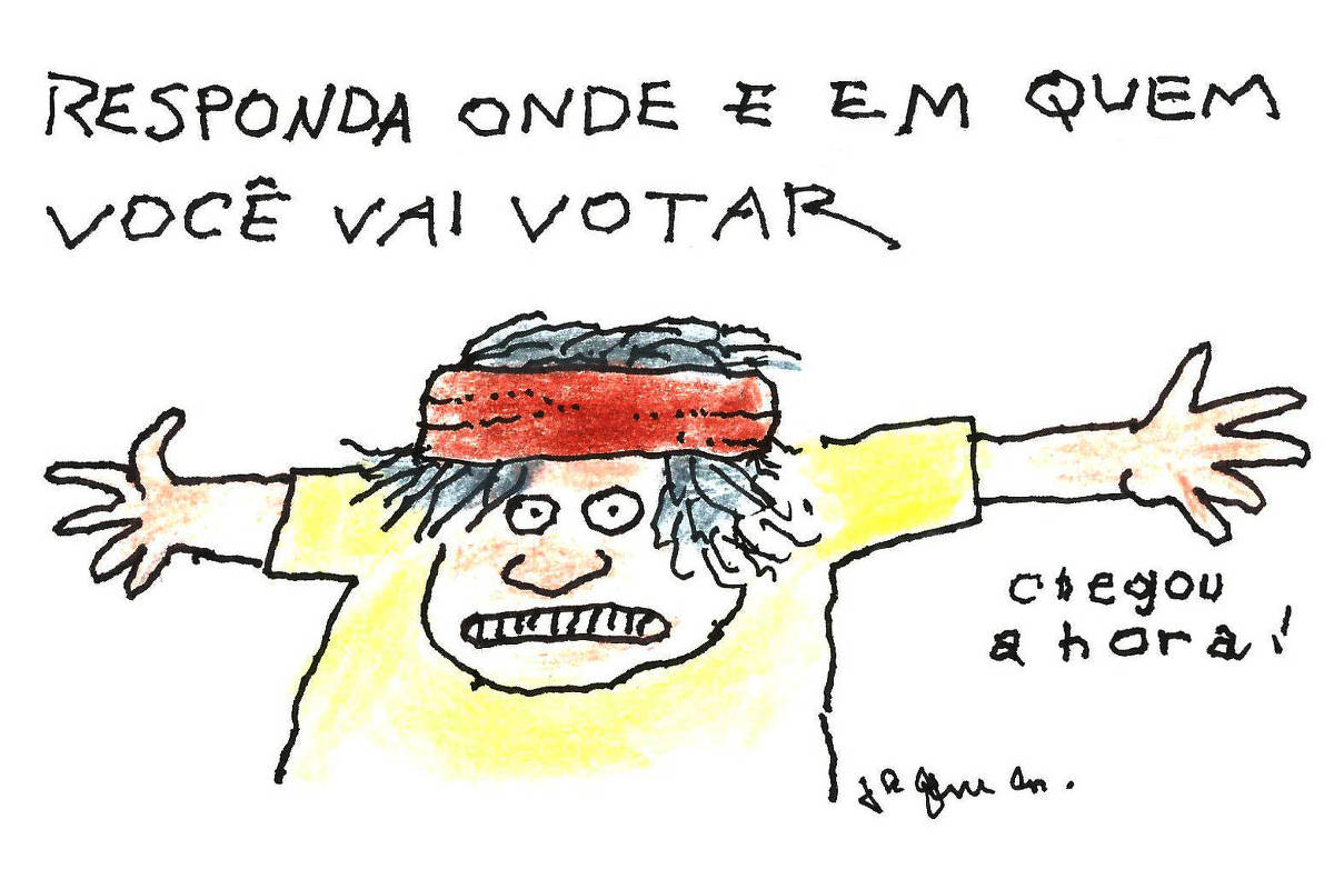 Um desenho animado de uma pessoa com cabelo bagunçado e uma faixa vermelha na cabeça, vestindo uma camiseta amarela. A figura está com os braços abertos e uma expressão facial de urgência ou raiva. Acima, está escrito 'RESPONDA ONDE É EM QUEM VOCÊ VAI VOTAR' e, à direita, 'chegou a hora!'