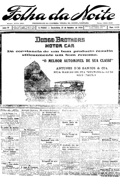 Primeira Página da Folha da Noite de 31 de outubro de 1924