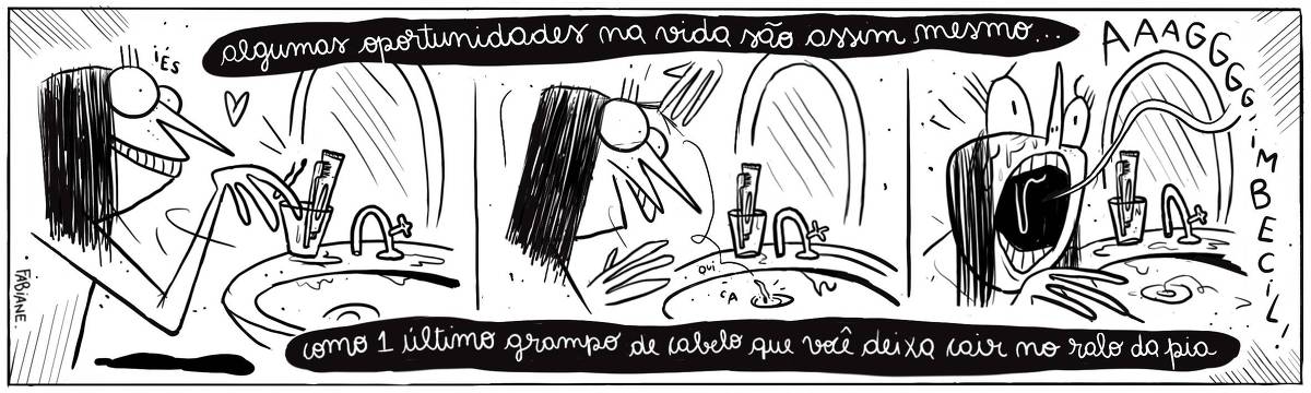 A tira Viver Dói, de Fabiane Langona publicada em 04/10/2024 é composta por três cenas. Todas mostram uma moça de cabelos lisos e pretos em frente a pia do banheiro. Sobre a pia, um copo com creme dental e escova de dentes. No primeiro quadro, a moça mostra-se sorridente, ela acabara de encontrar um grampo de cabelo perdido. No segundo, a moça atrapalha-se, deixando cair o grampo na pia, que quica e cai pelo ralo. No terceiro, a moça tem uma imensa boca aberta, sinalizando um desespero triste. No quadrinho 1, uma legenda narrativa no topo do quadro, diz: “Algumas oportunidades na vida são assim mesmo…”. Na base do quadro, a legenda segue, dizendo: “Como um ultimo grampo de cabelo que você deixa cair no ralo da pia”. No quadrinho 3, a personagem grita, em tom auto ofensivo: “AAAAAG, imbecil!!!”.