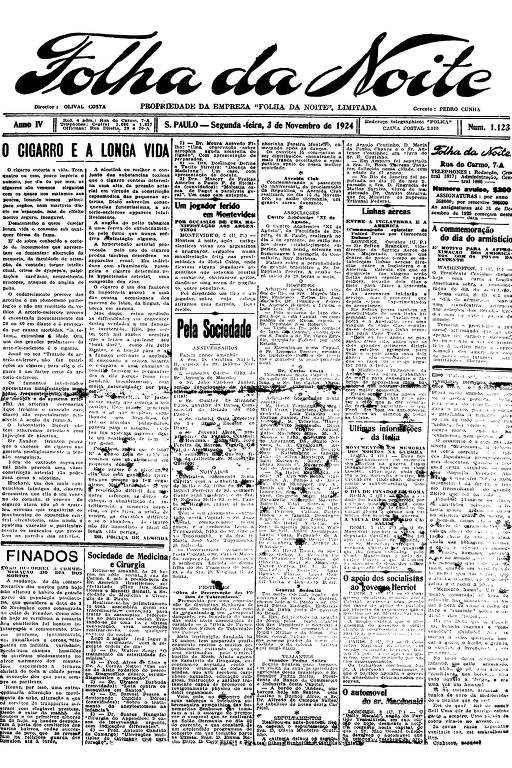 Primeira Página da Folha da Noite de 3 de novembro de 1924