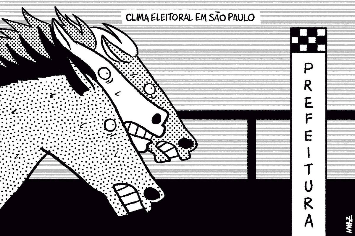 Charge de Marília Marz com o título "Clima eleitoral em São Paulo" mostra três cavalos disputando uma corrida, cabeça a cabeça. Um pouco à frente deles está a linha de chegada, com a inscrição "prefeitura".