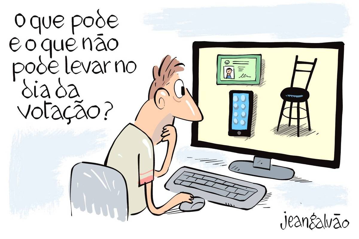 A charge de Jean Galvão publicada na Folha é intitulada: “O que pode e o que não pode levar no dia da votação?”. Nela, um homem está sentado em frente à tela de um computador, onde se vê itens permitidos e proibidos para o dia da votação. Entre os itens, aparecem um RG, um celular e uma cadeira.