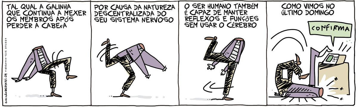 A tira de Galvão Bertazzi se chama Vida BEsta e está dividida em quatro quadros. No primeiro quadro um homem sem cabeça está mexendo involuntariamente. A legenda diz: Tal qual a galinha que continua a mexer os membros após perder a cabeça. No segundo quadro o homem sem cabeça continua a caminhar desengonçado. A legenda diz: Por causa da natureza descentralizada do seu sistema nervoso. No terceiro quadro o homem sem cabeça segue seu caminho. A legenda diz: O ser humano também é capaz de manter reflexos e funções sem usar o cérebro. No quarto quadro temos a legenda: Como vimos no último domingo. O homem sem cabeça despenca de corpo no chão, com a mão estendida ele clica em CONFIRMA em uma urna eletrônica.