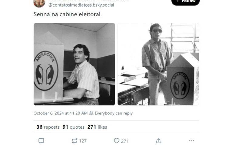 Internautas resgatam fotos do Senna votando em uma cabine patrocinada por marca de cerveja; foto é da década de 80