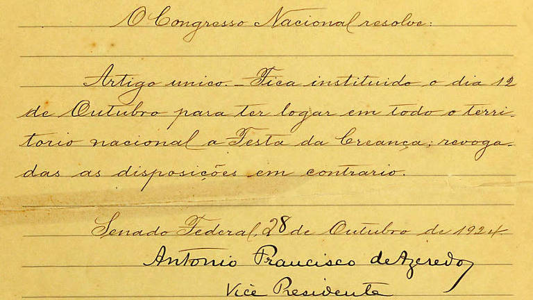 Documento do projeto de criação da Festa da Criança aprovado no Senado em outubro de 1924