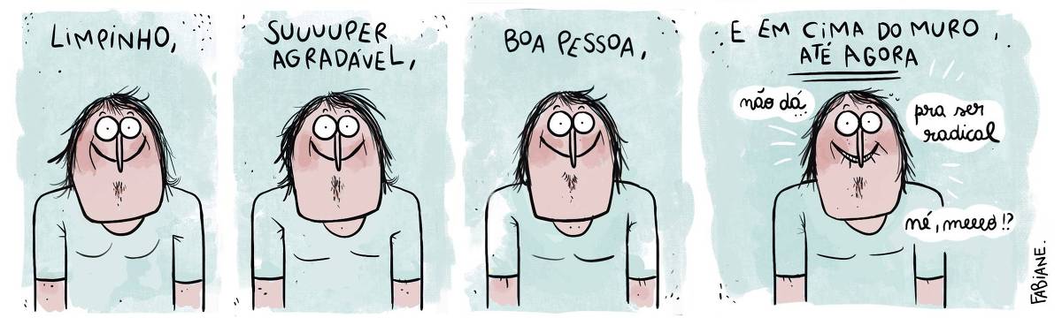 A tira Viver Dói, de Fabiane Langona publicada em 09/10/2024 é composta por 4 quadros horizontais.  No quadrinho 1, uma legenda narrativa no topo do quadro, diz: “Limpinho”.  No quadrinho 2, uma legenda narrativa no topo do quadro, diz: “Super agradável”.   No quadrinho 3, uma legenda narrativa no topo do quadro, diz: “Boa pessoa”.  No quadrinho 4,  uma legenda narrativa no topo do quadro, diz:  “E em cima do muro até agora”. Ao passo que, o personagem a complementa, dizendo: “Não dá pra ser radical… né, meu”.