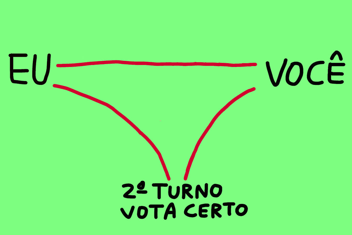 A imagem apresenta um fundo verde com as palavras 'EU' e 'VOCÊ' dispostas em lados opostos, conectadas por linhas vermelhas. Abaixo, há a frase '2º TURNO VOTA CERTO' em letras pretas.