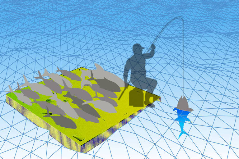 Na ilustração o mar azul, com as ondas desenhadas como um gráfico de linhas 3D, (armação de autocad). No meio dele flutua uma plataforma quadrada, em cores verdes e ocres. Sobre a plataforma, à esquerda, um monte de pescados inertes em tons de cinza; à direita, a silhueta de um pescador, em cinza semitransparente, com sua vara, pescando mais um peixe que já está entregue à sorte, com a cabeça fora d’água. 