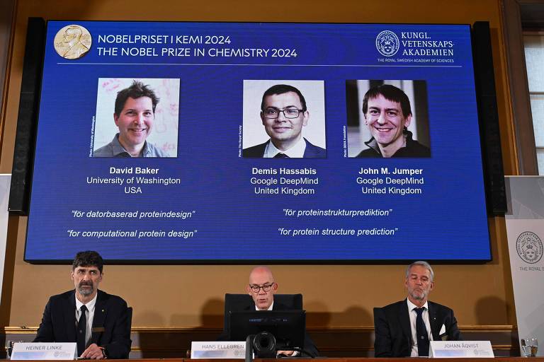 Nobel de Química 2024 premiou David Baker, da Universidade de Washington em Seattle, nos Estados Unidos, e Demis Hassabis e John Jumper, do Google DeepMind, no Reino Unido